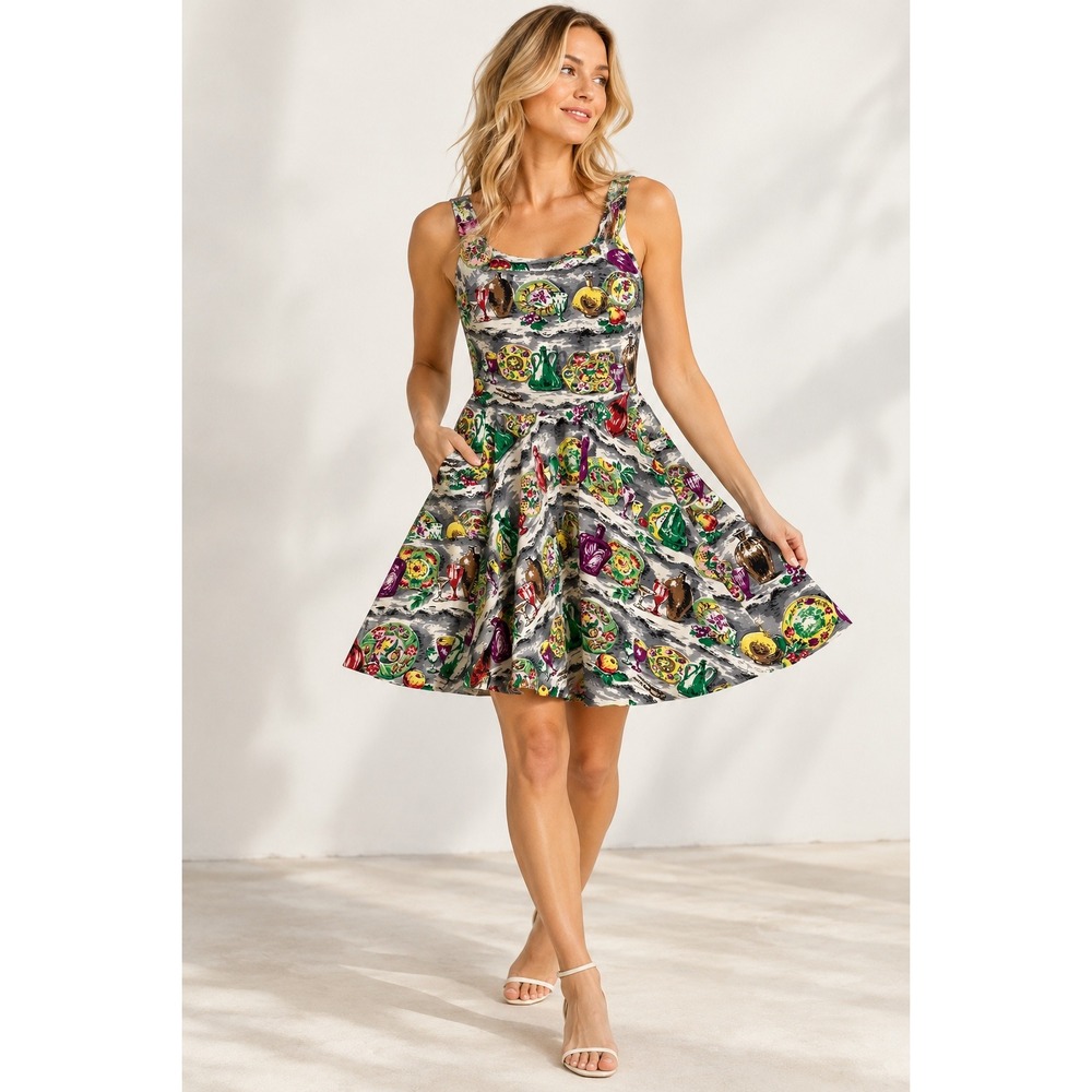 Effie's Heart Novelty Still Life Print Fit Flare Dress XL Grey Colorful Pockets
